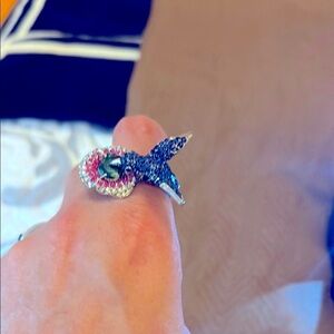 Hummingbird Feeding Blue and Green Contemporary Ring with Prong-Set Stones